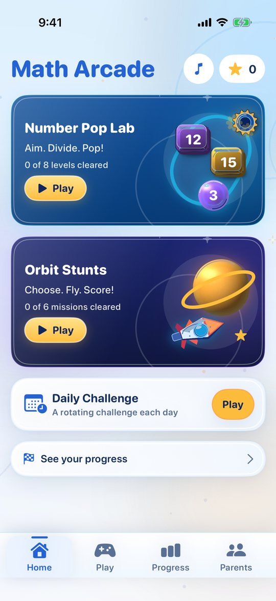 Home screen with Number Pop, Orbit Stunts and the Daily Challenge