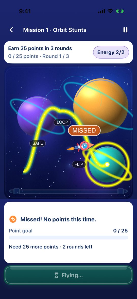 Orbit Stunts: the rocket misses and the goal bar shows how far is left