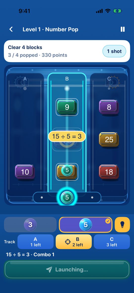 Number Pop: a marble pops a block and shows 15 ÷ 5 = 3