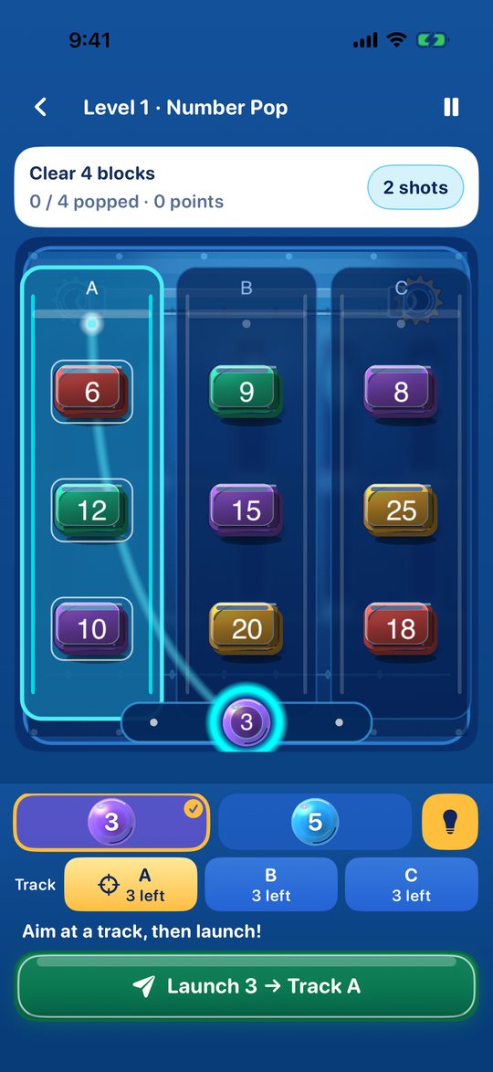 Number Pop board with three tracks of numbered blocks