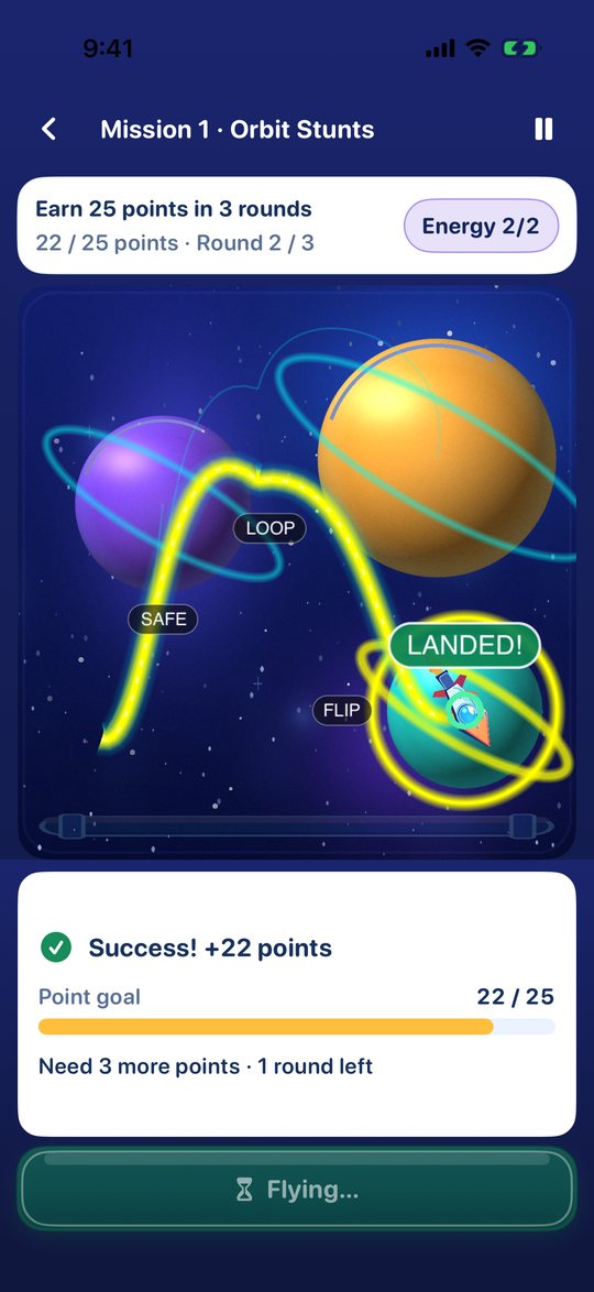 Orbit Stunts: the rocket lands on the teal planet, LANDED!